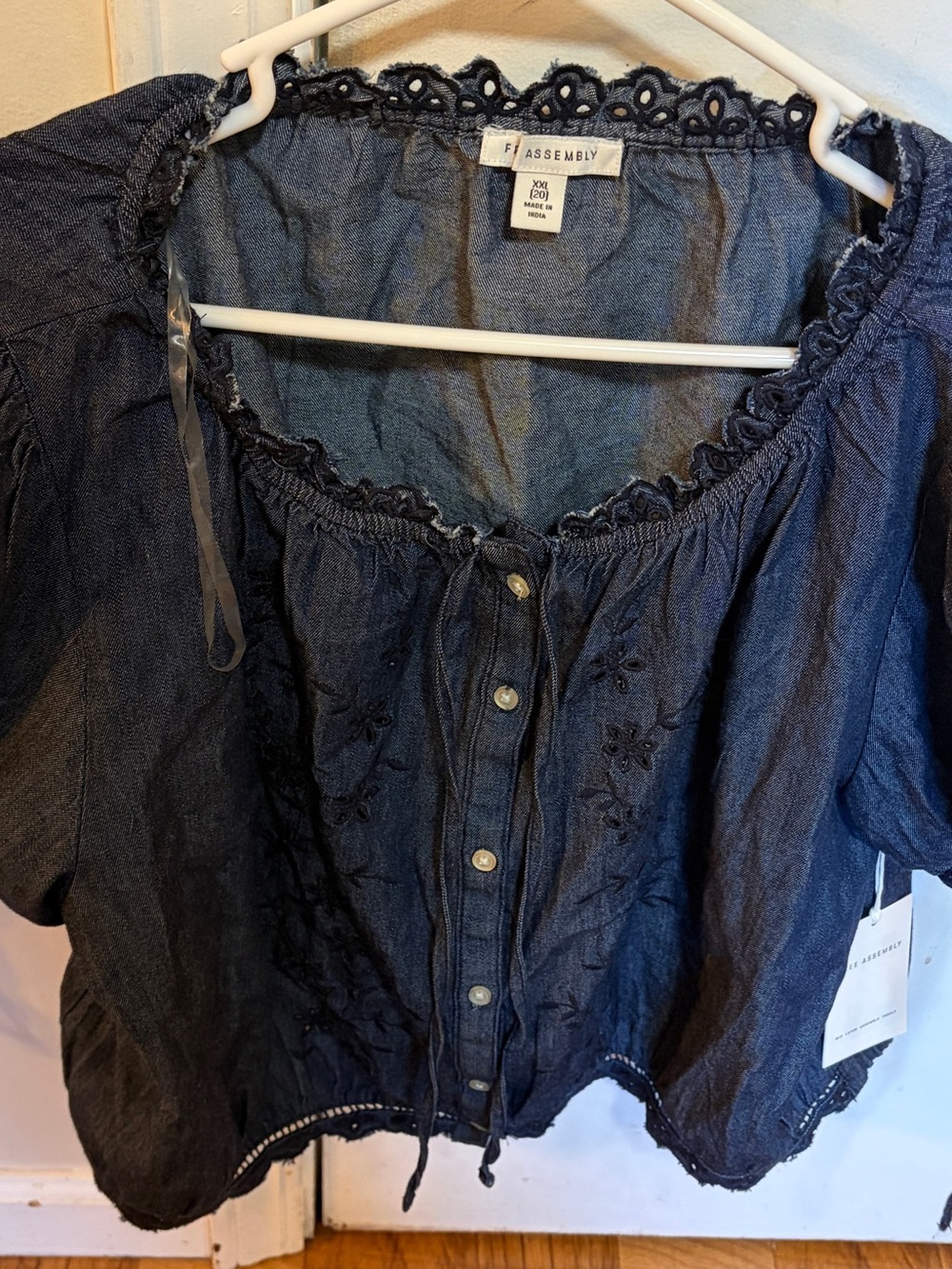 Free Assembly Women's Dark Blue Denim Embroidered Peasant Top